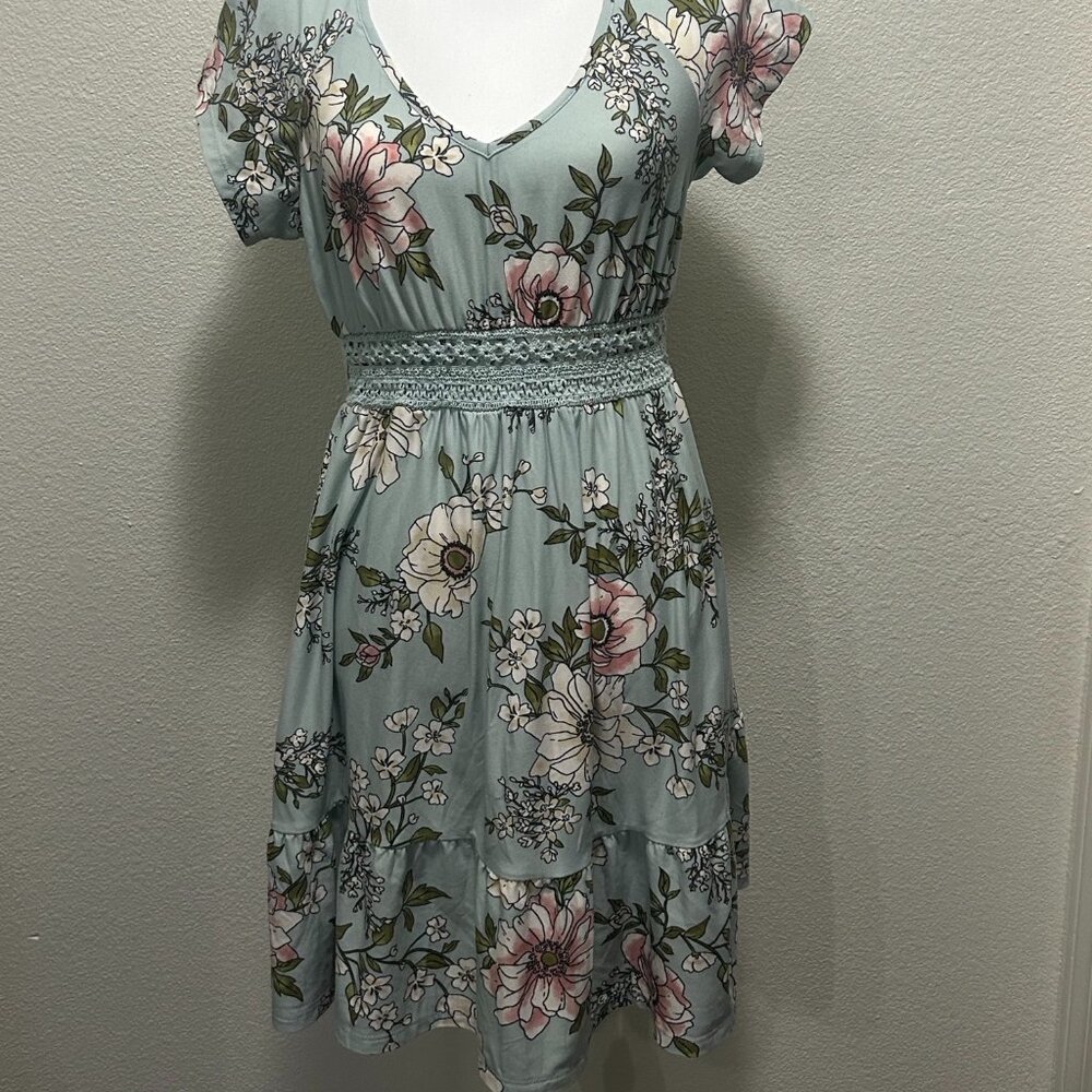 No Boundaries light green floral fit and flare dress with crochet waist accent